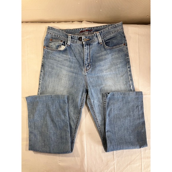 Eddie Bauer Denim - Eddie Bauer Womens Straight Leg Jeans Medium Wash Blue Stretch Denim Sz 8 Hemmed
